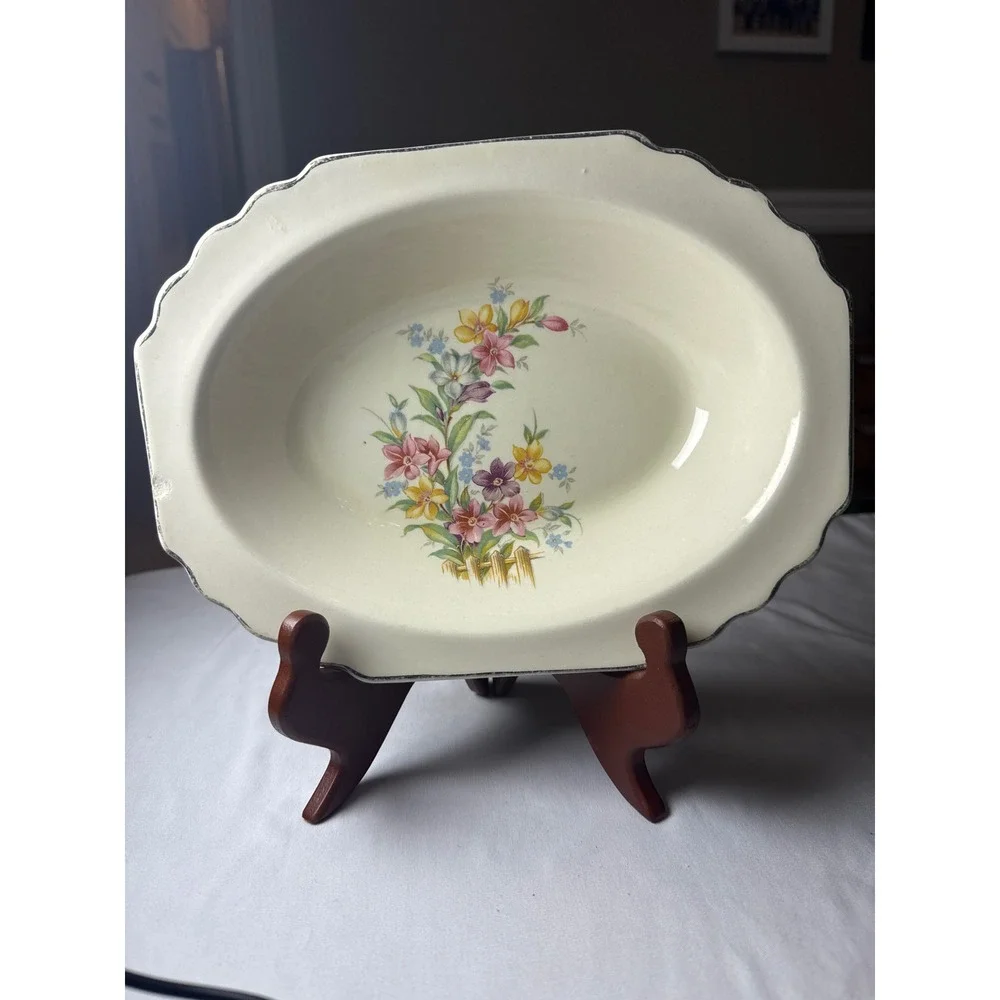 W.S. George Lido Canarytone Oval Serving Bowl Floral Scalloped Rim USA Made
